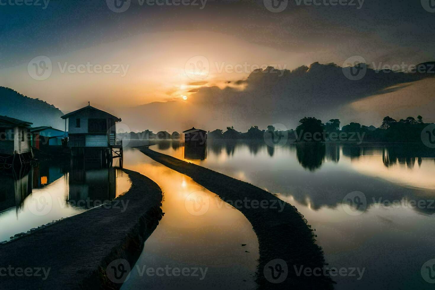 een rivier- met huizen Aan het Bij zonsondergang. ai-gegenereerd foto