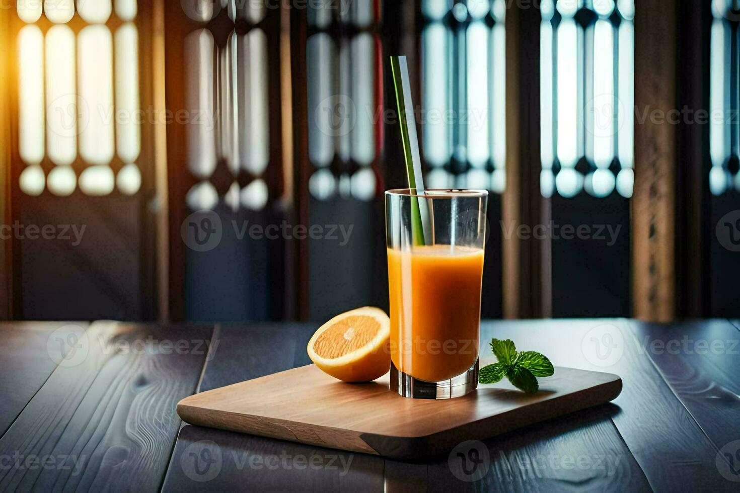 oranje sap in een glas Aan een houten tafel. ai-gegenereerd foto