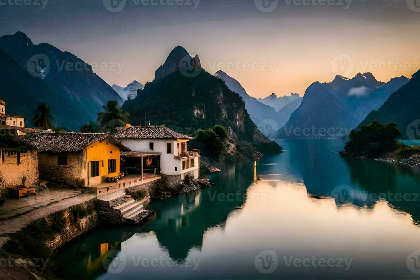 een huis zit Aan de rand van een meer in de bergen. ai-gegenereerd foto