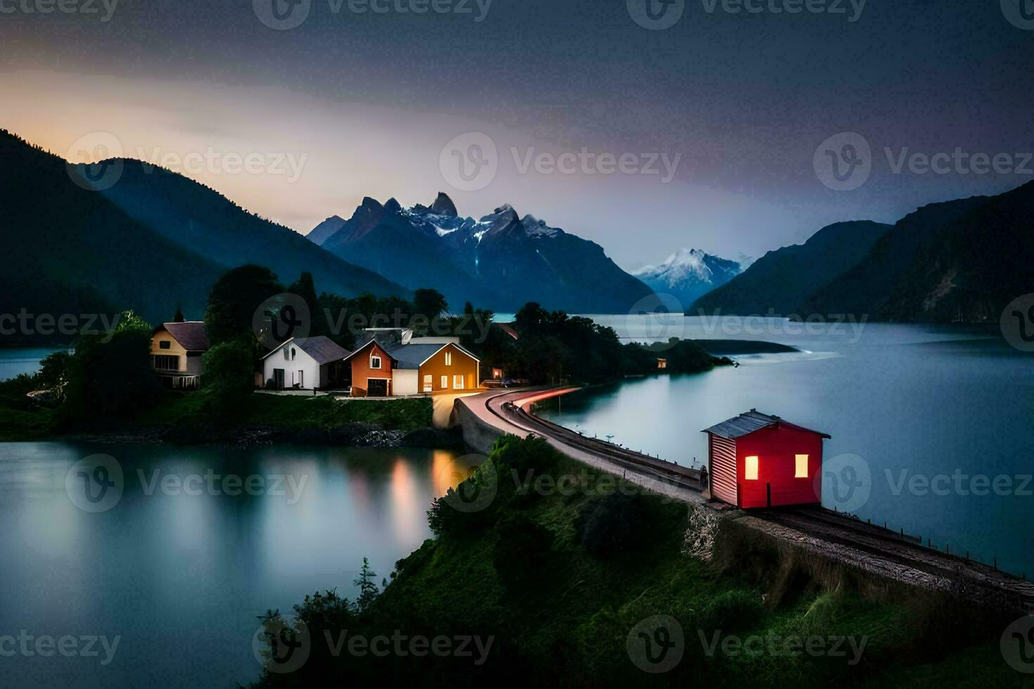 een rood huis zit Aan de kant van een meer met bergen in de achtergrond. ai-gegenereerd foto