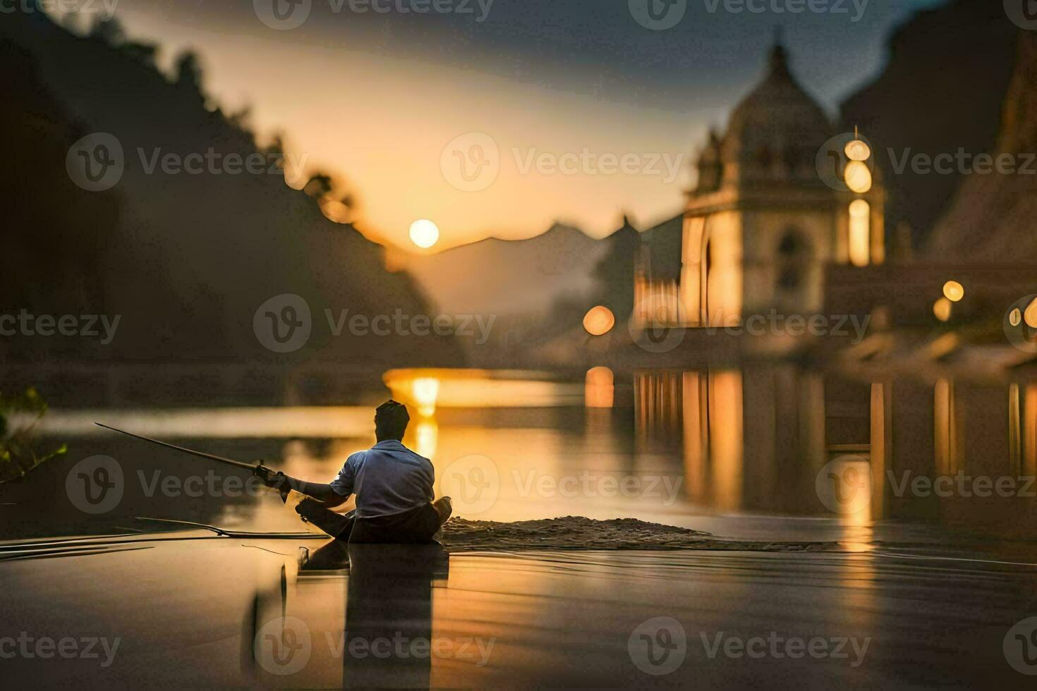 een Mens zittend Aan de rand van een rivier- Bij zonsondergang. ai-gegenereerd foto