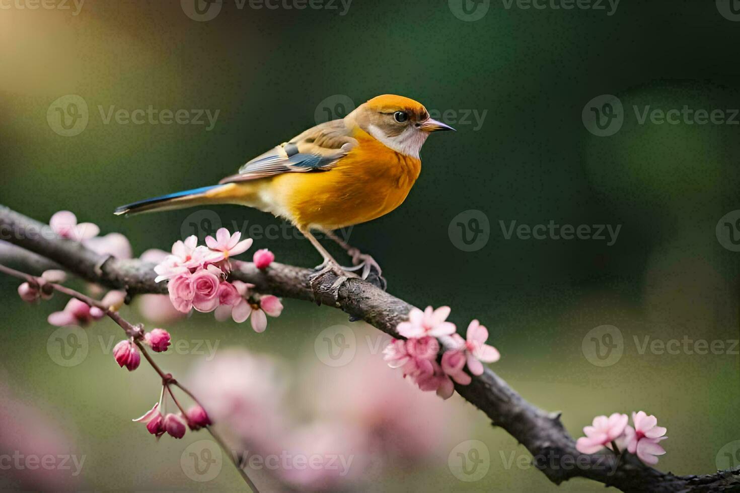 een vogel zit Aan een Afdeling met roze bloemen. ai-gegenereerd foto