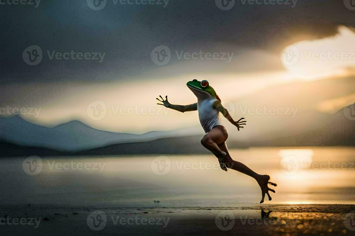 een vrouw springt in de lucht terwijl Holding een kikker. ai-gegenereerd foto