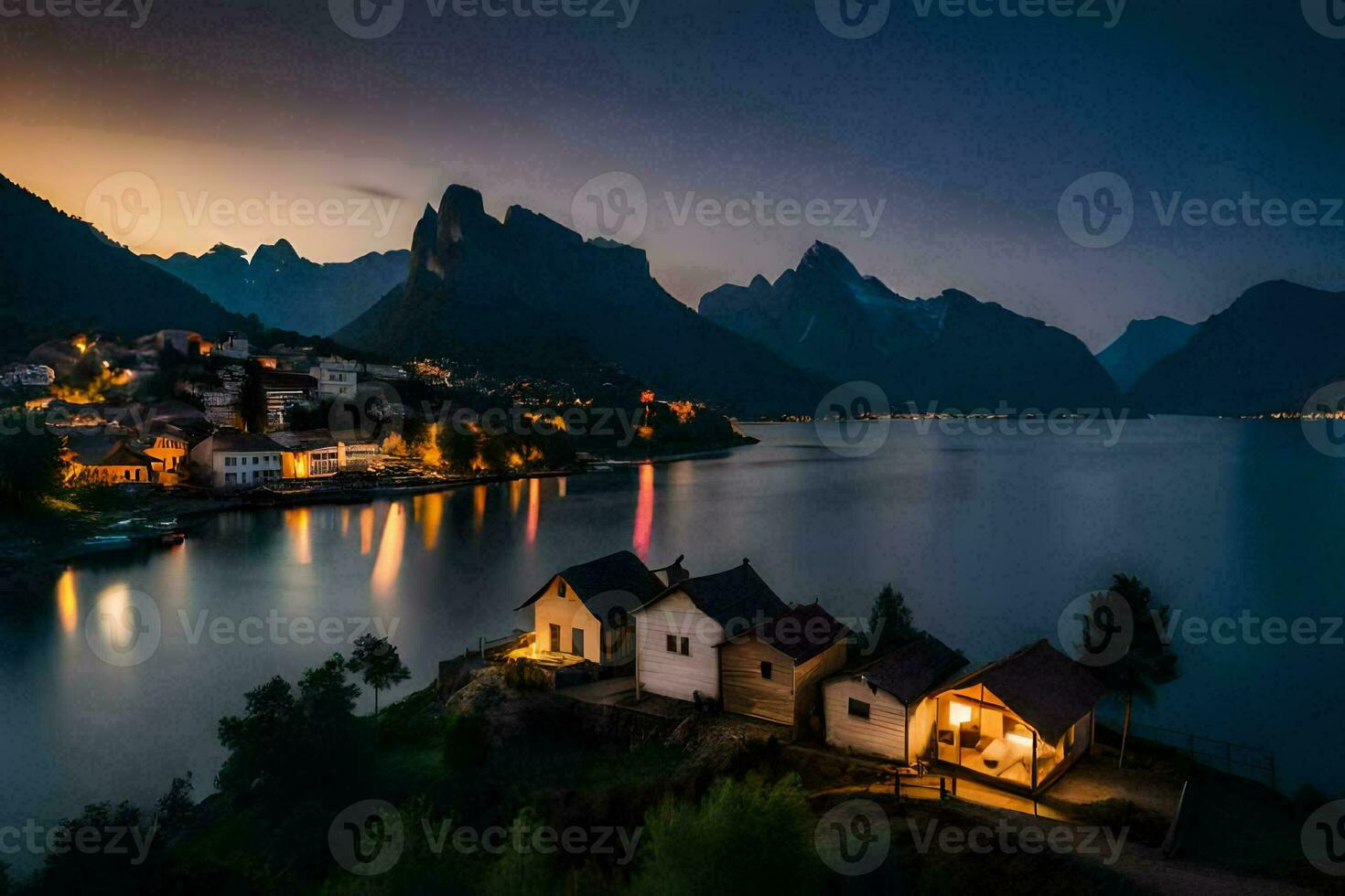 foto behang de lucht, bergen, huis, huis, de lucht, bergen, huis, de. ai-gegenereerd