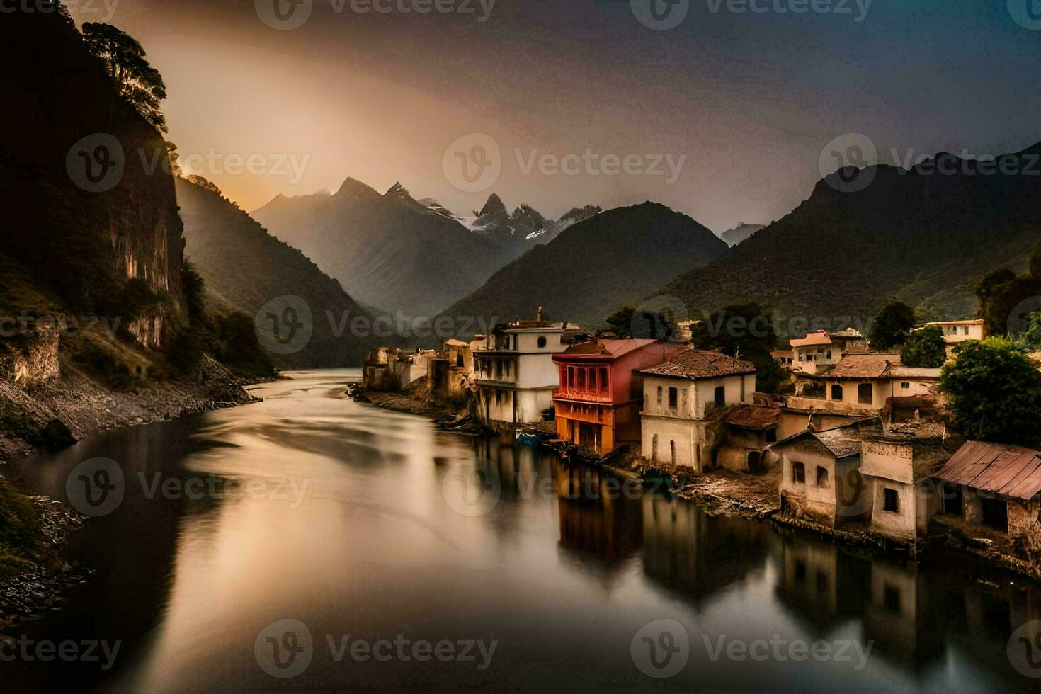 een rivier- in de bergen met huizen Aan de banken. ai-gegenereerd foto