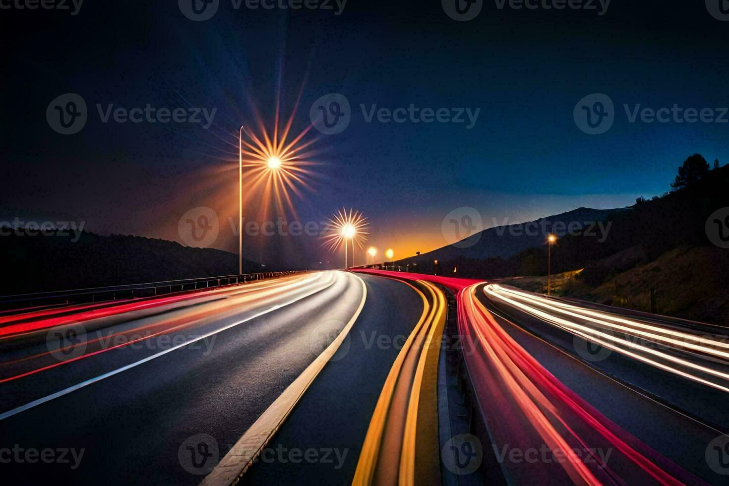 een lang blootstelling foto van auto's het rijden Aan een snelweg Bij nacht. ai-gegenereerd