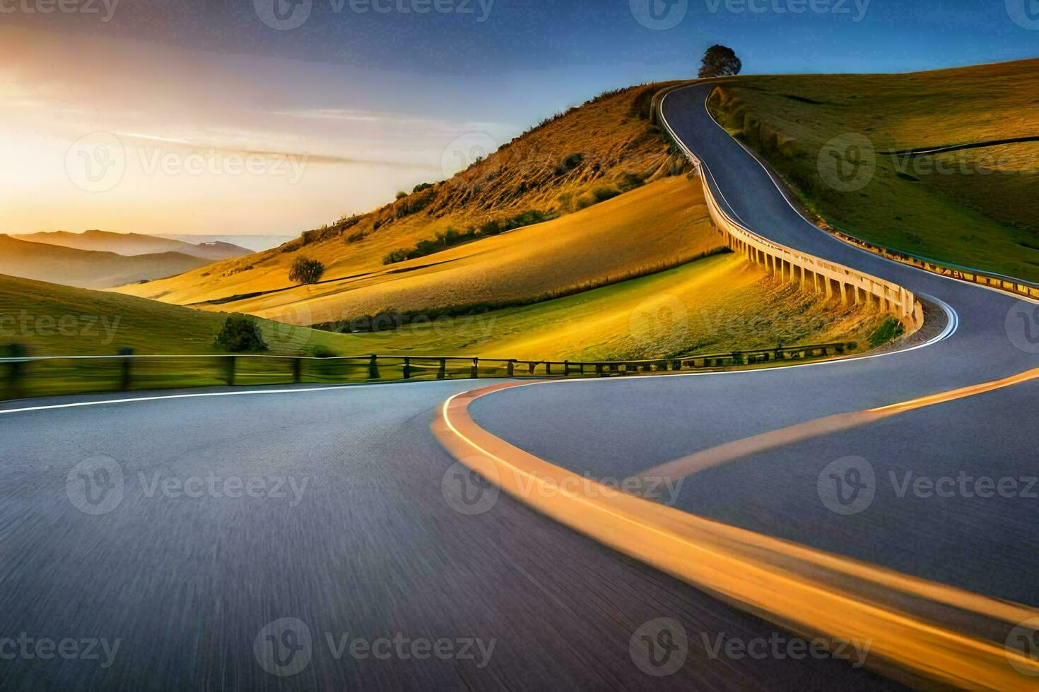 een kronkelend weg in de bergen Bij zonsondergang. ai-gegenereerd foto