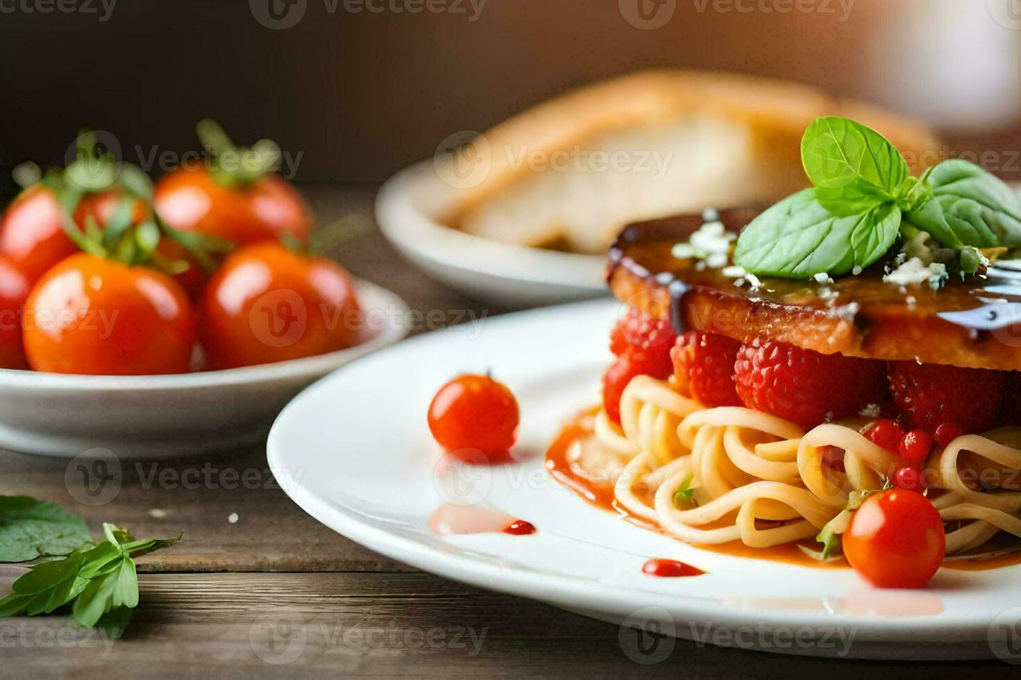 een bord met spaghetti en aardbeien Aan het. ai-gegenereerd foto