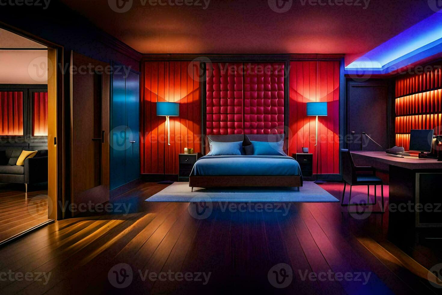 een slaapkamer met rood en blauw verlichting. ai-gegenereerd foto