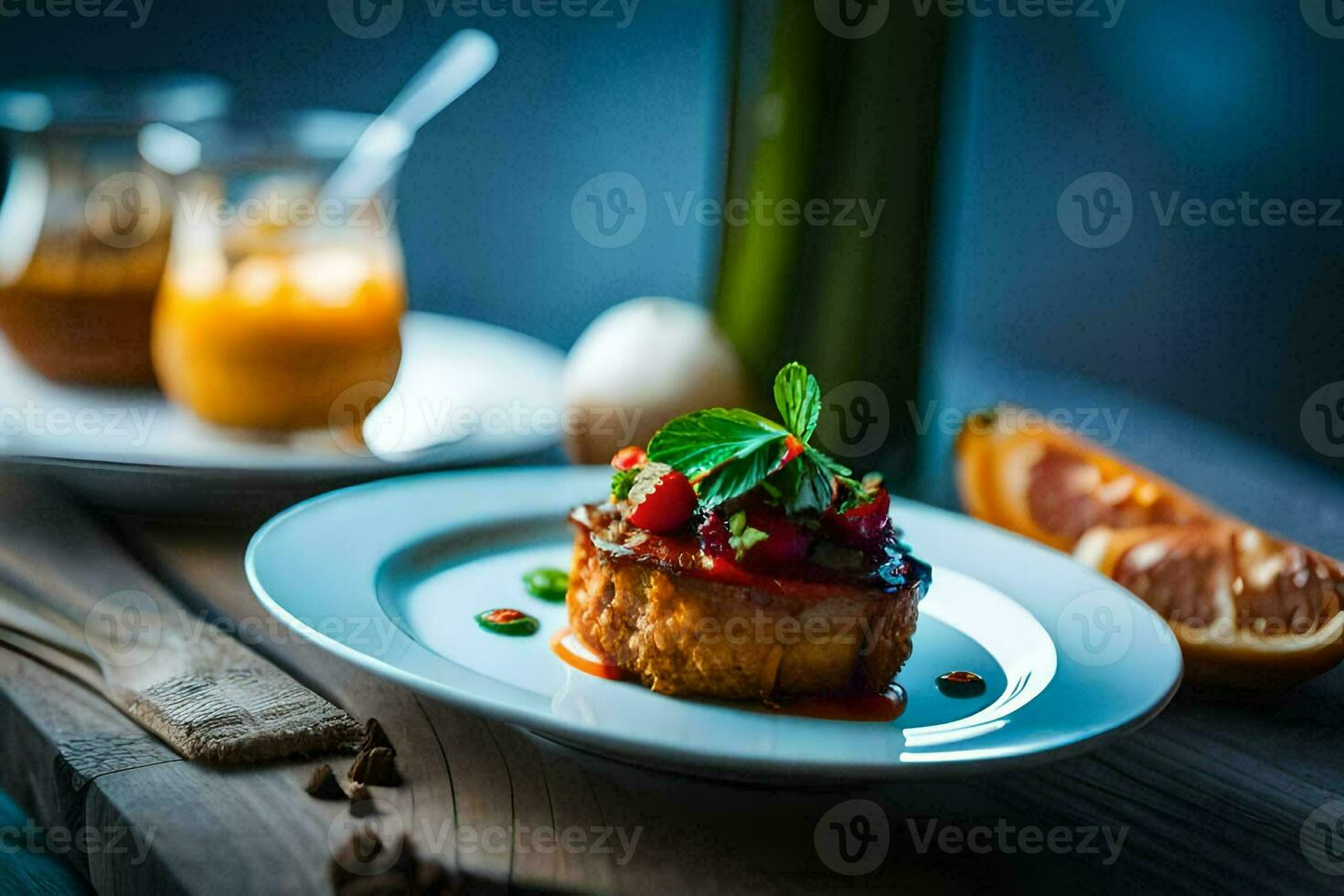 een bord met voedsel Aan het en een glas van wijn. ai-gegenereerd foto