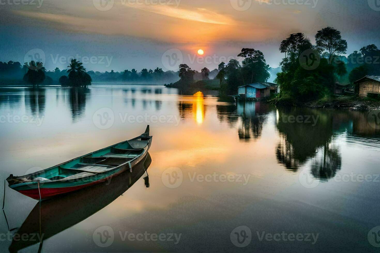 een boot zit Aan de water Bij zonsondergang. ai-gegenereerd foto