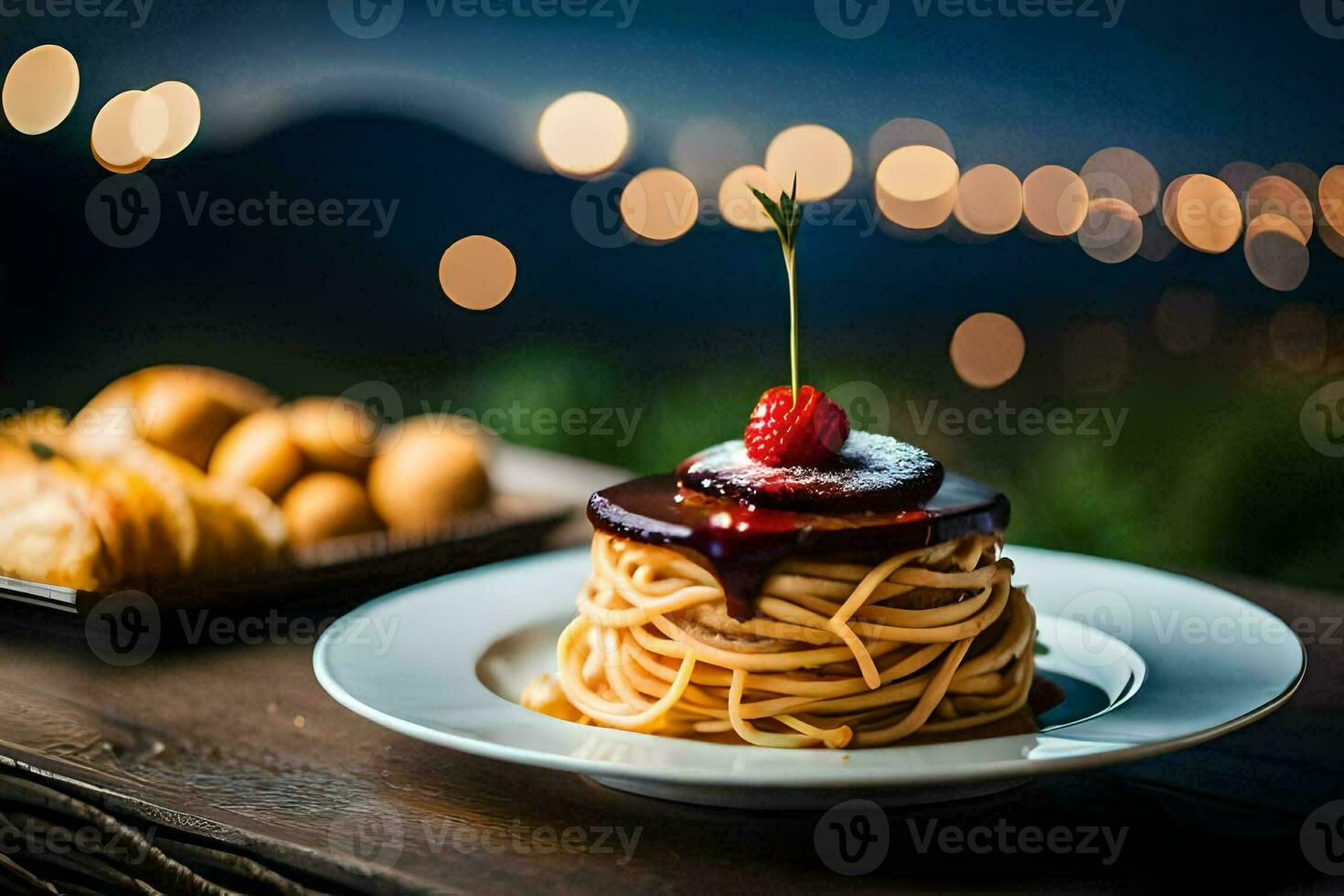 een bord van spaghetti met chocola en een kers Aan top. ai-gegenereerd foto