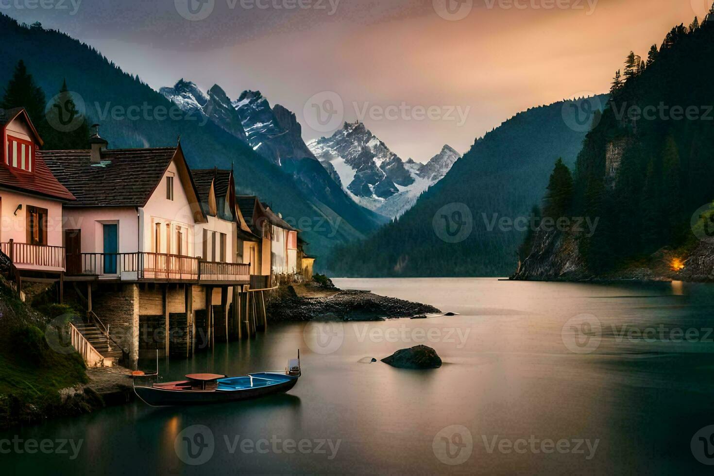 een boot zit Aan de water in voorkant van huizen. ai-gegenereerd foto