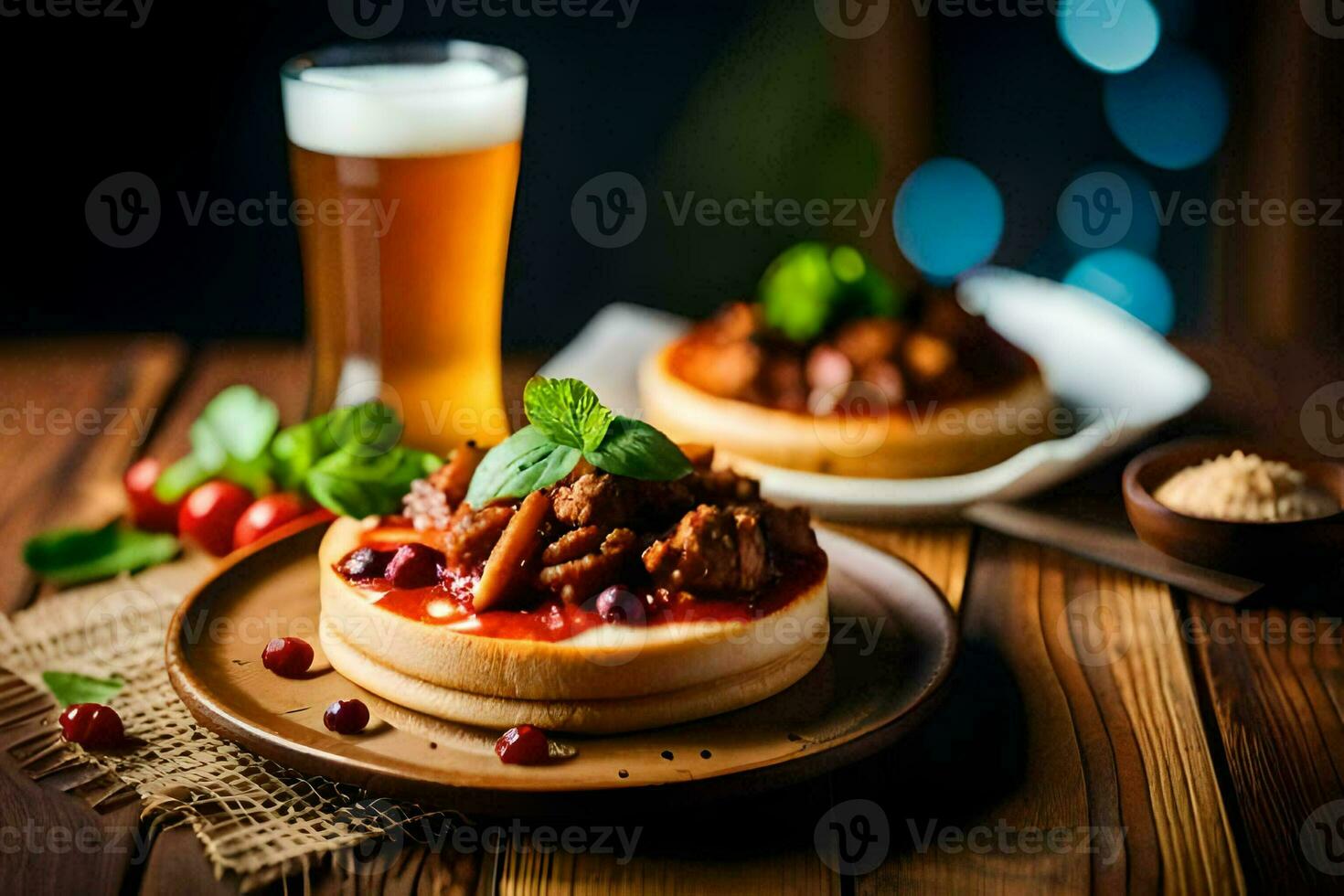 bier en voedsel Aan een houten tafel. ai-gegenereerd foto