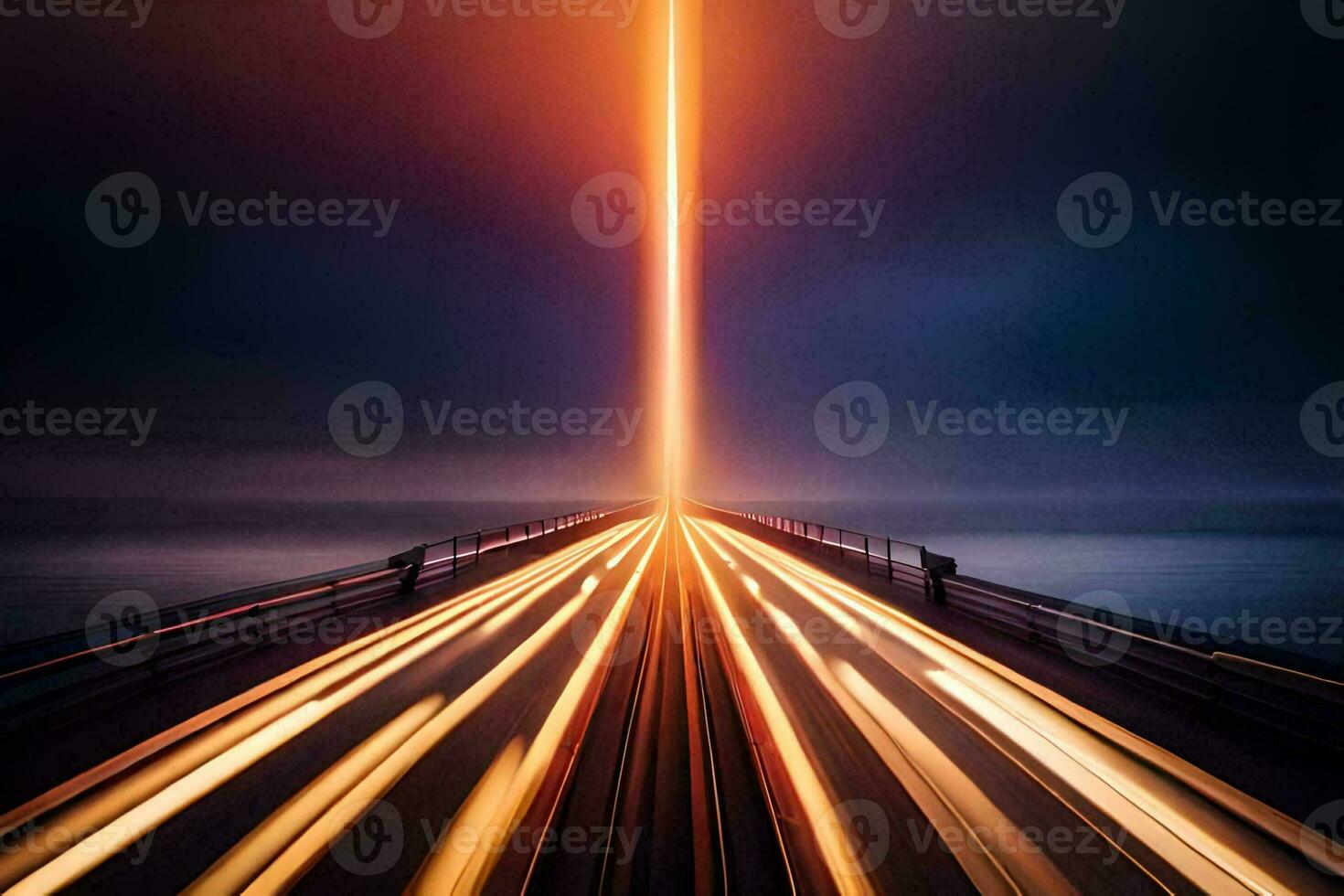 een lang blootstelling foto van een brug met licht paden. ai-gegenereerd