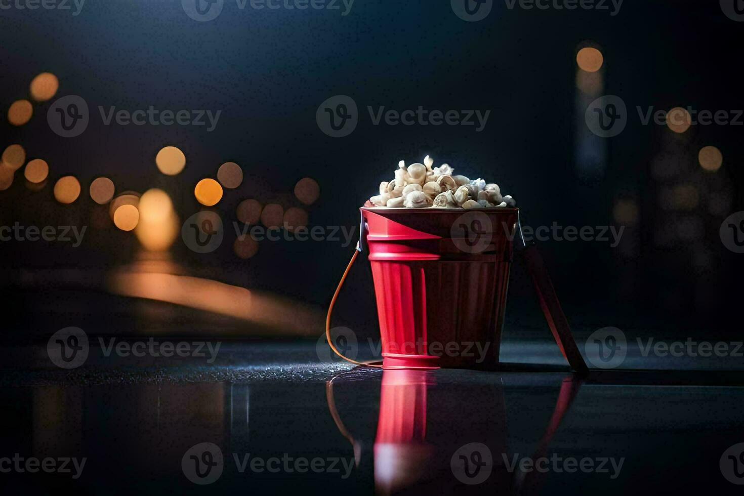 een emmer van popcorn Aan een tafel met lichten in de achtergrond. ai-gegenereerd foto