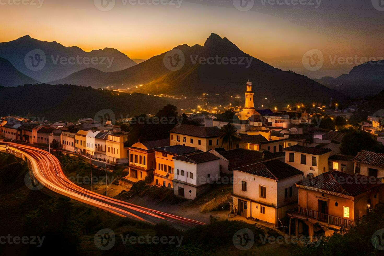 een stad- Bij schemer met bergen in de achtergrond. ai-gegenereerd foto