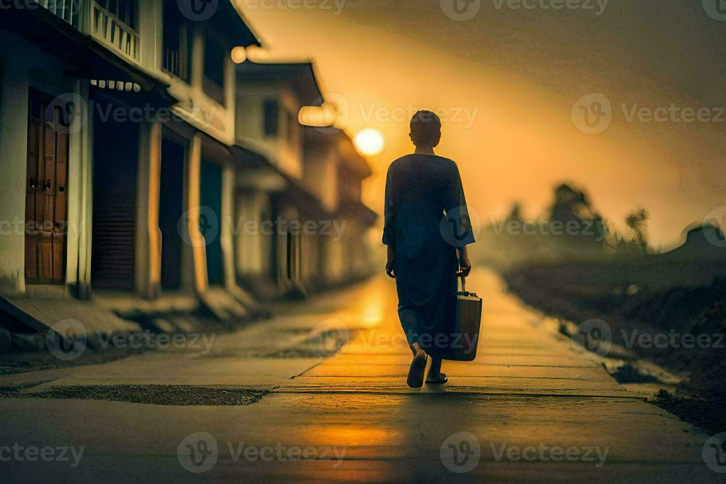 een vrouw wandelen naar beneden een straat met een koffer. ai-gegenereerd foto