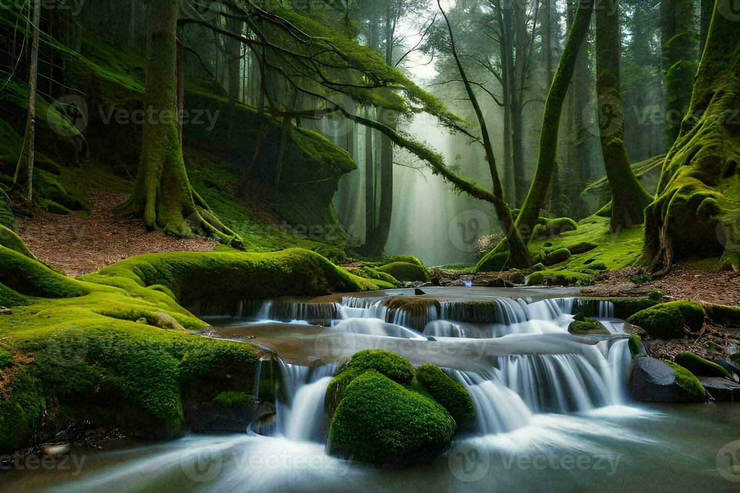 een stroom stromen door een groen Woud met bemost rotsen. ai-gegenereerd foto