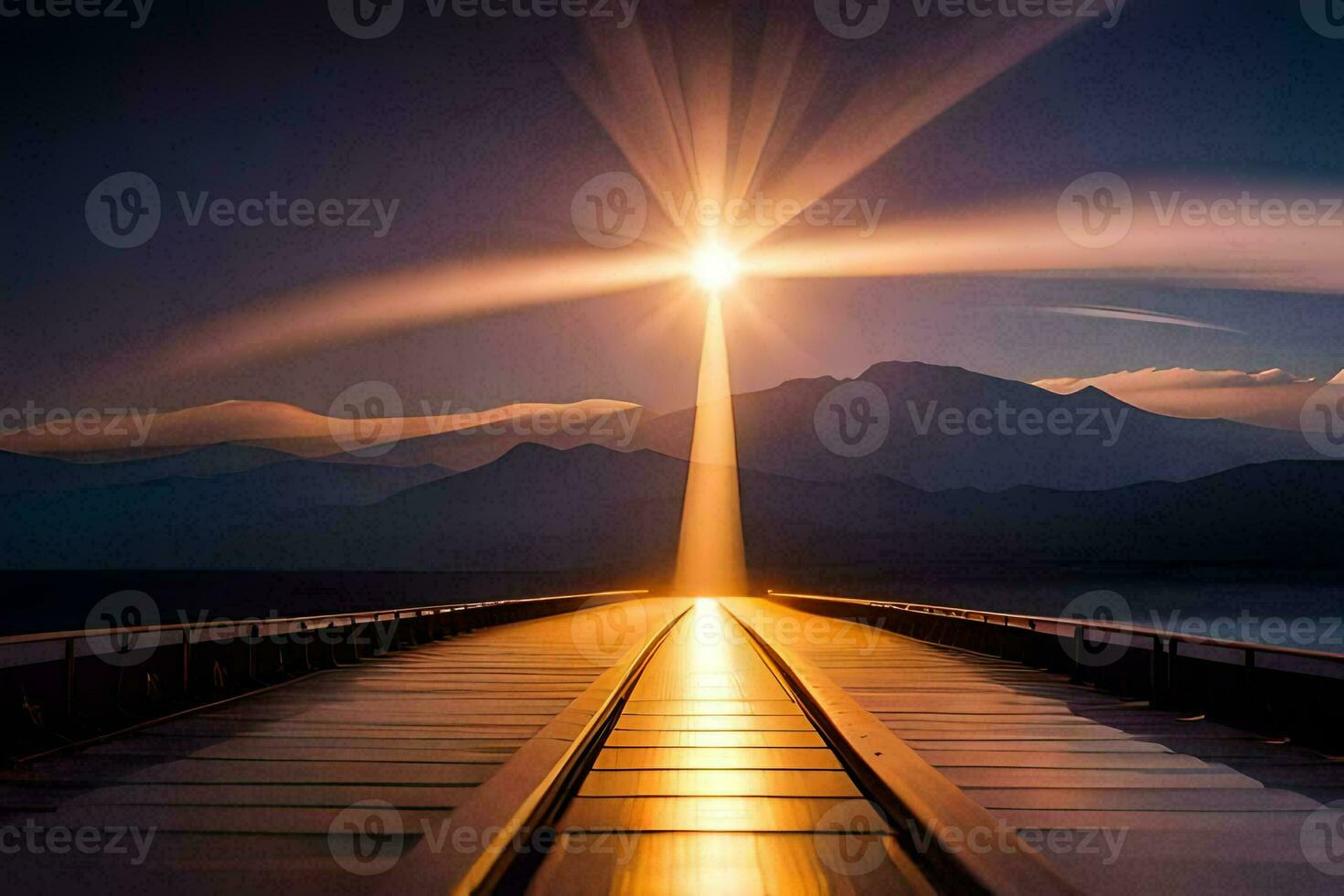 een lang brug met een helder licht schijnend door het. ai-gegenereerd foto