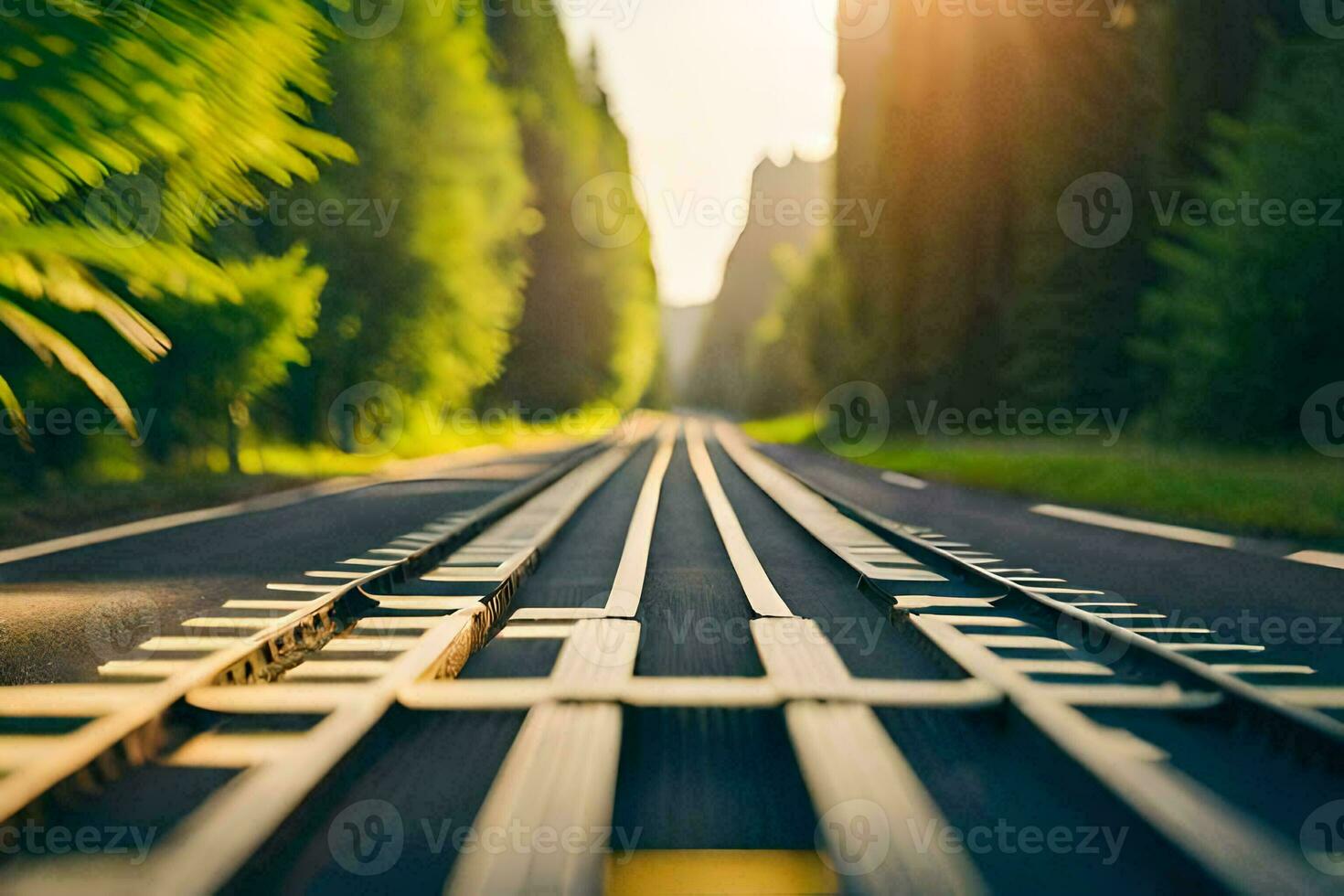 een trein bijhouden is getoond in de afstand met bomen in de achtergrond. ai-gegenereerd foto