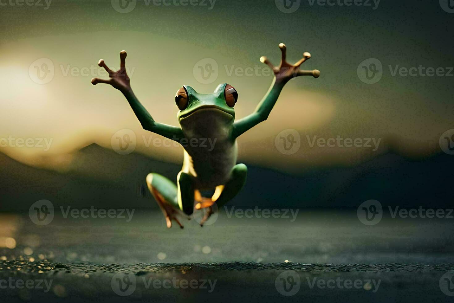 een kikker jumping in de lucht met haar armen uitgestrekt. ai-gegenereerd foto