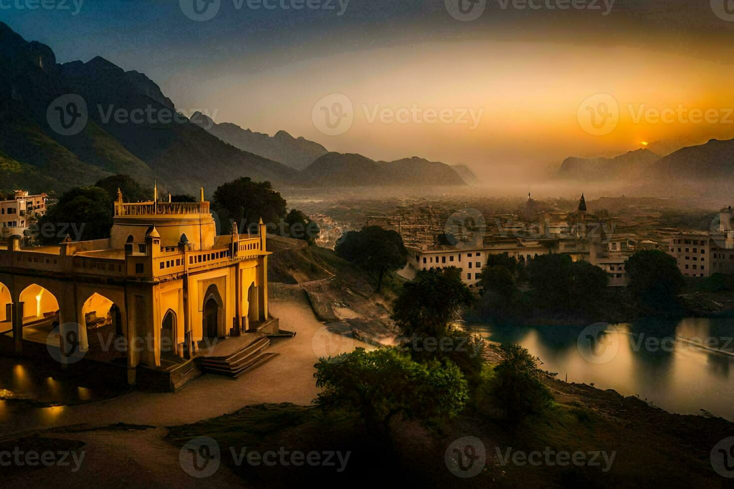 de zon stijgt over- de stad van lahore, Indië. ai-gegenereerd foto