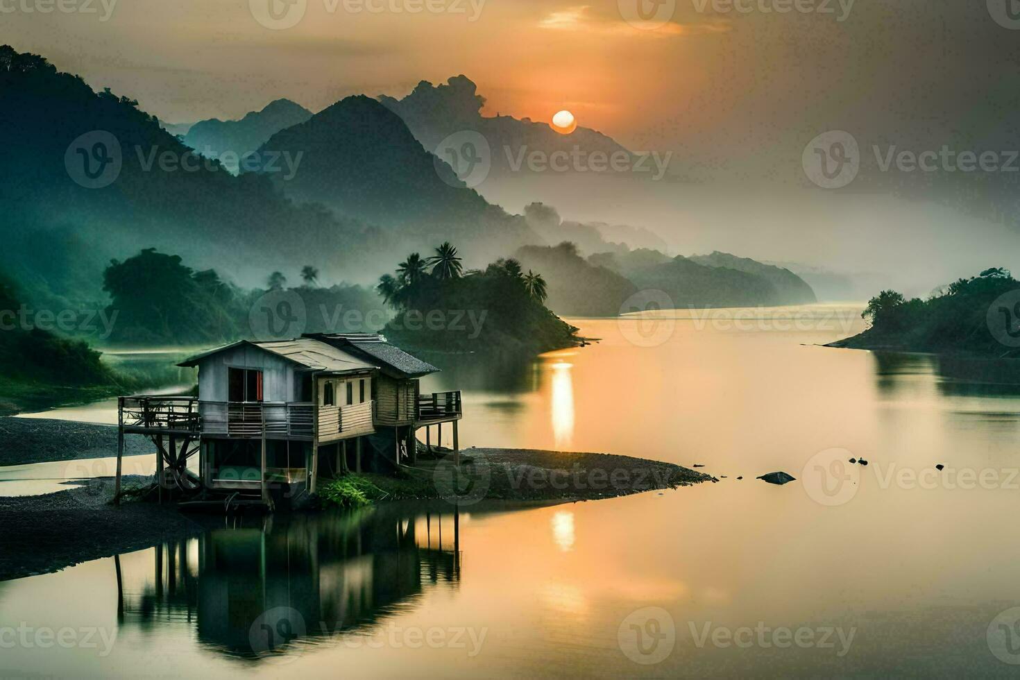 een huis zit Aan de kust van een rivier- met de zon instelling. ai-gegenereerd foto