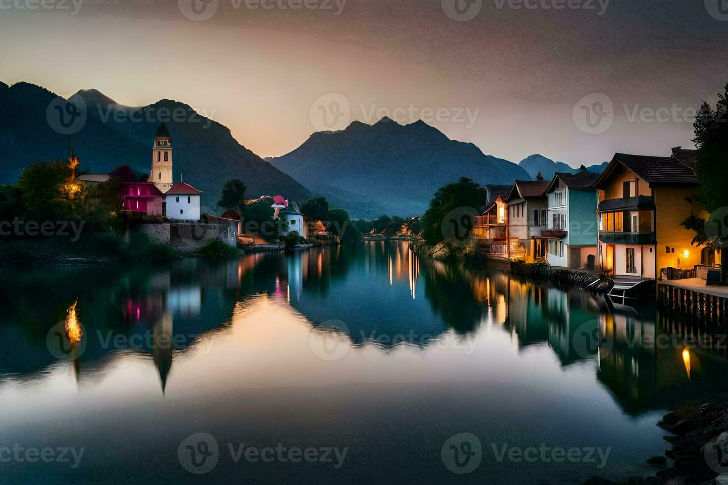 een rivier- in de midden- van een stad- Bij zonsondergang. ai-gegenereerd foto