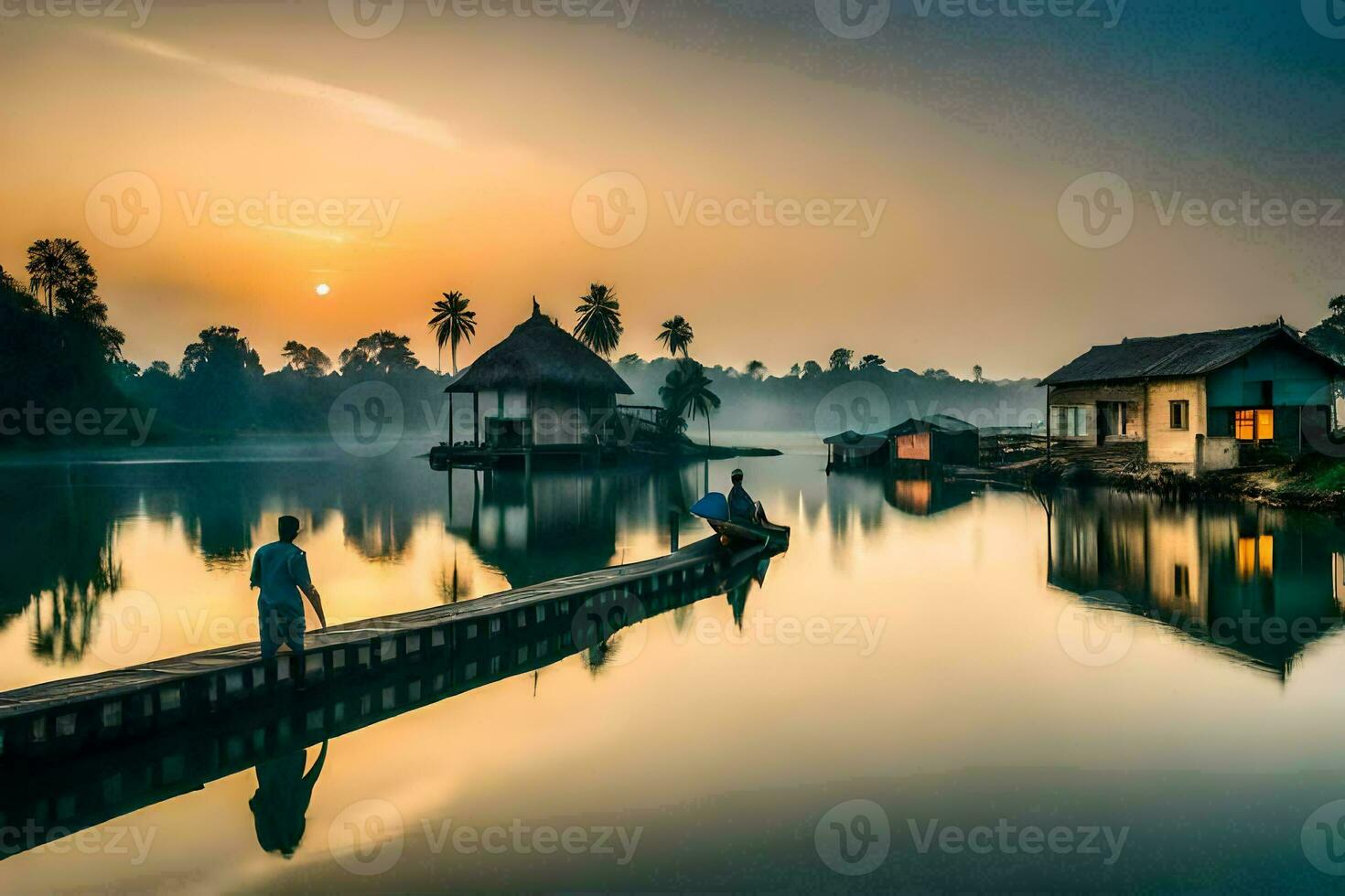 mensen Aan een dok Bij zonsopkomst in een meer met huizen. ai-gegenereerd foto