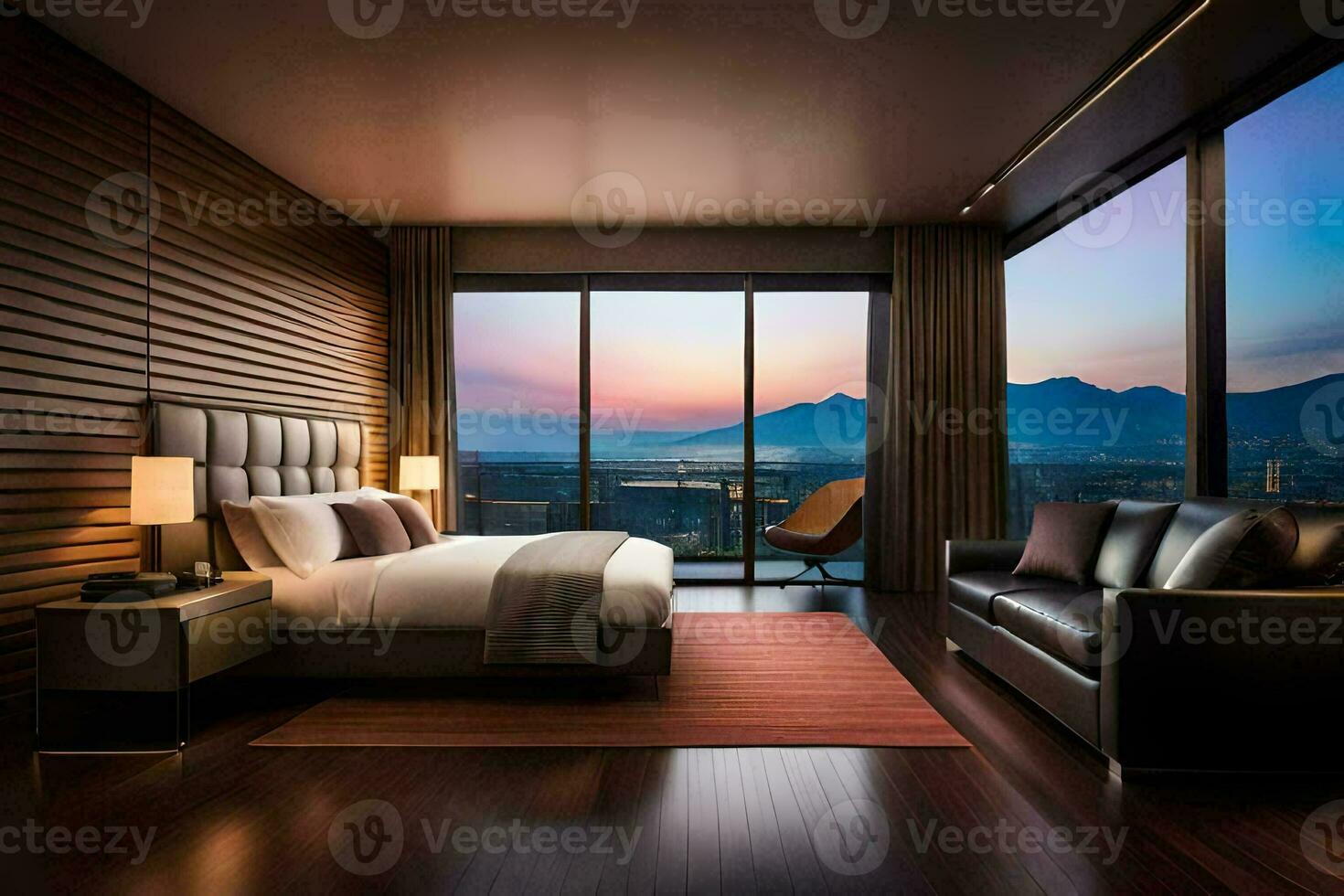 een slaapkamer met een visie van de bergen Bij zonsondergang. ai-gegenereerd foto