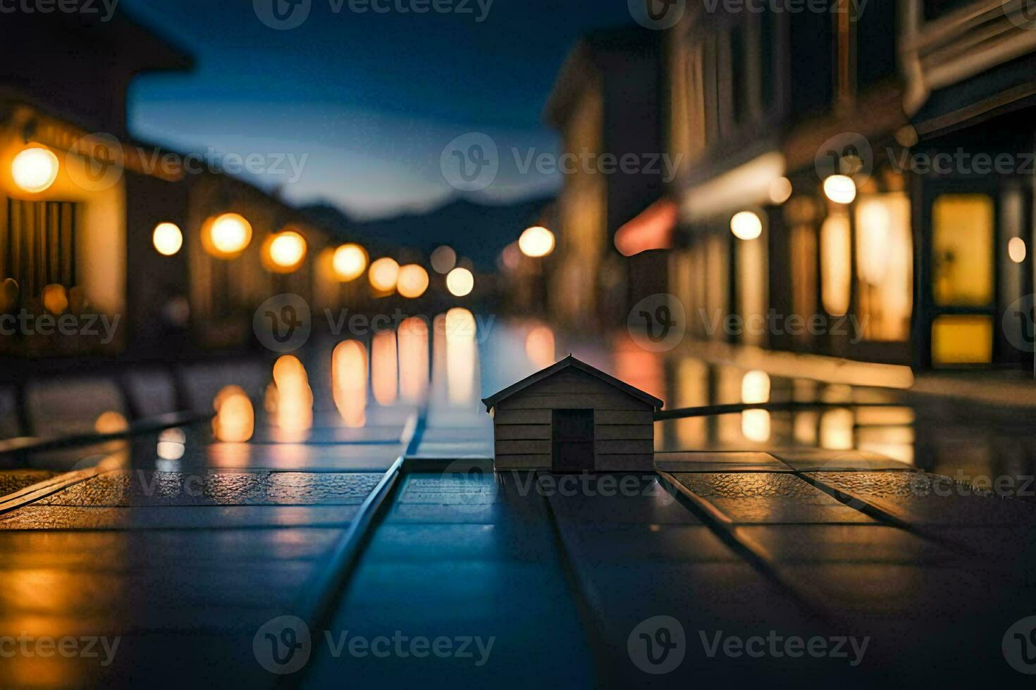 een klein huis zit Aan een straat Bij nacht. ai-gegenereerd foto