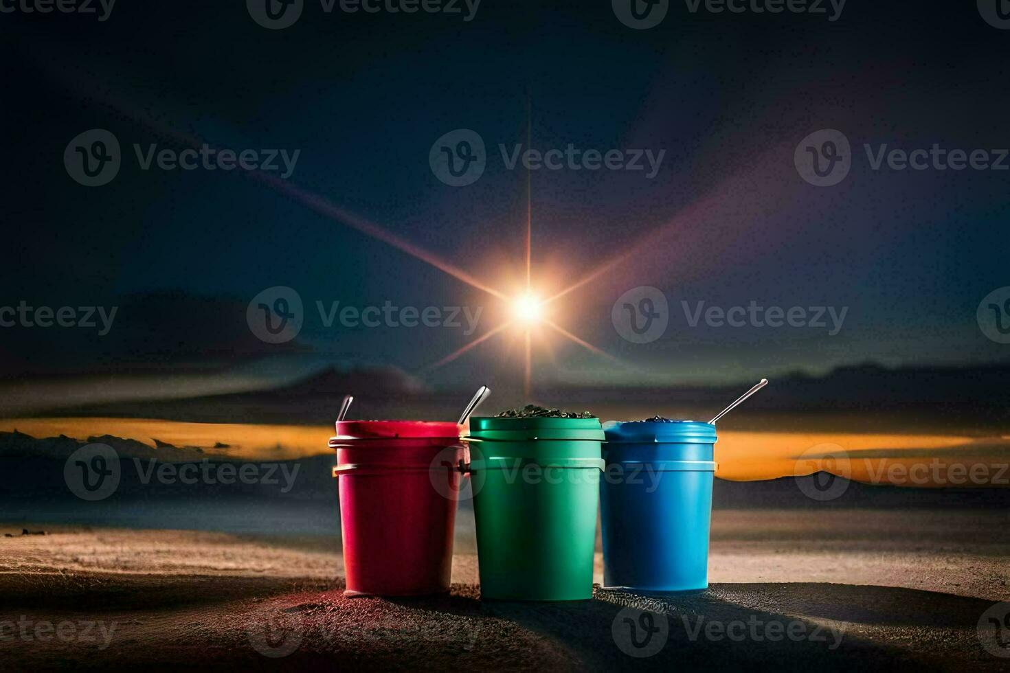 drie kleurrijk cups zitten Aan de zand Bij nacht. ai-gegenereerd foto