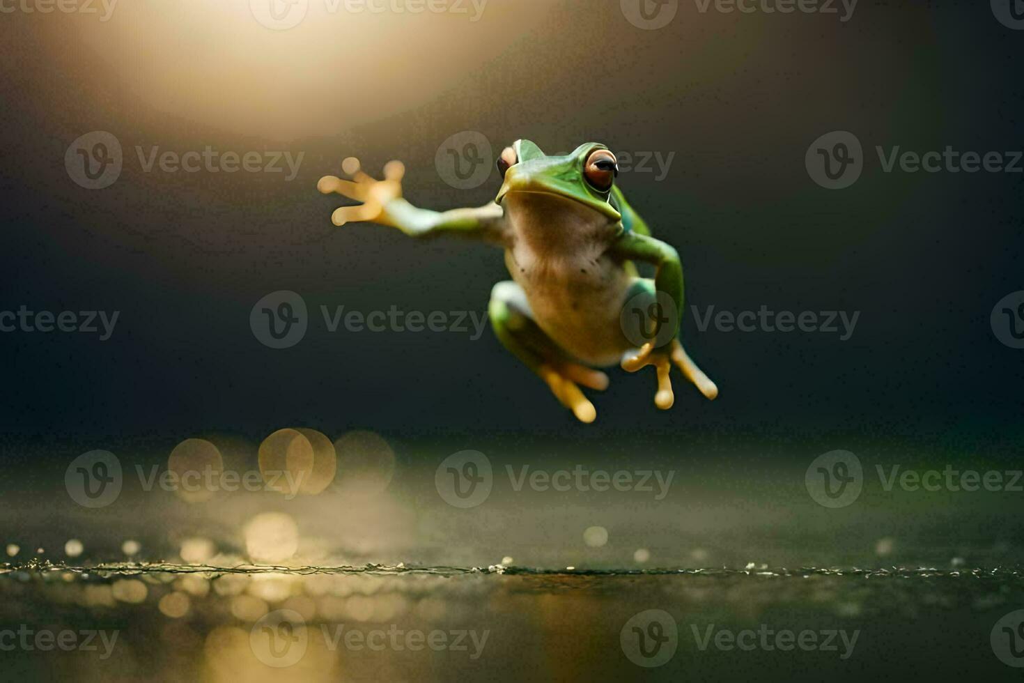 een kikker jumping in de lucht met haar poten verspreiding. ai-gegenereerd foto