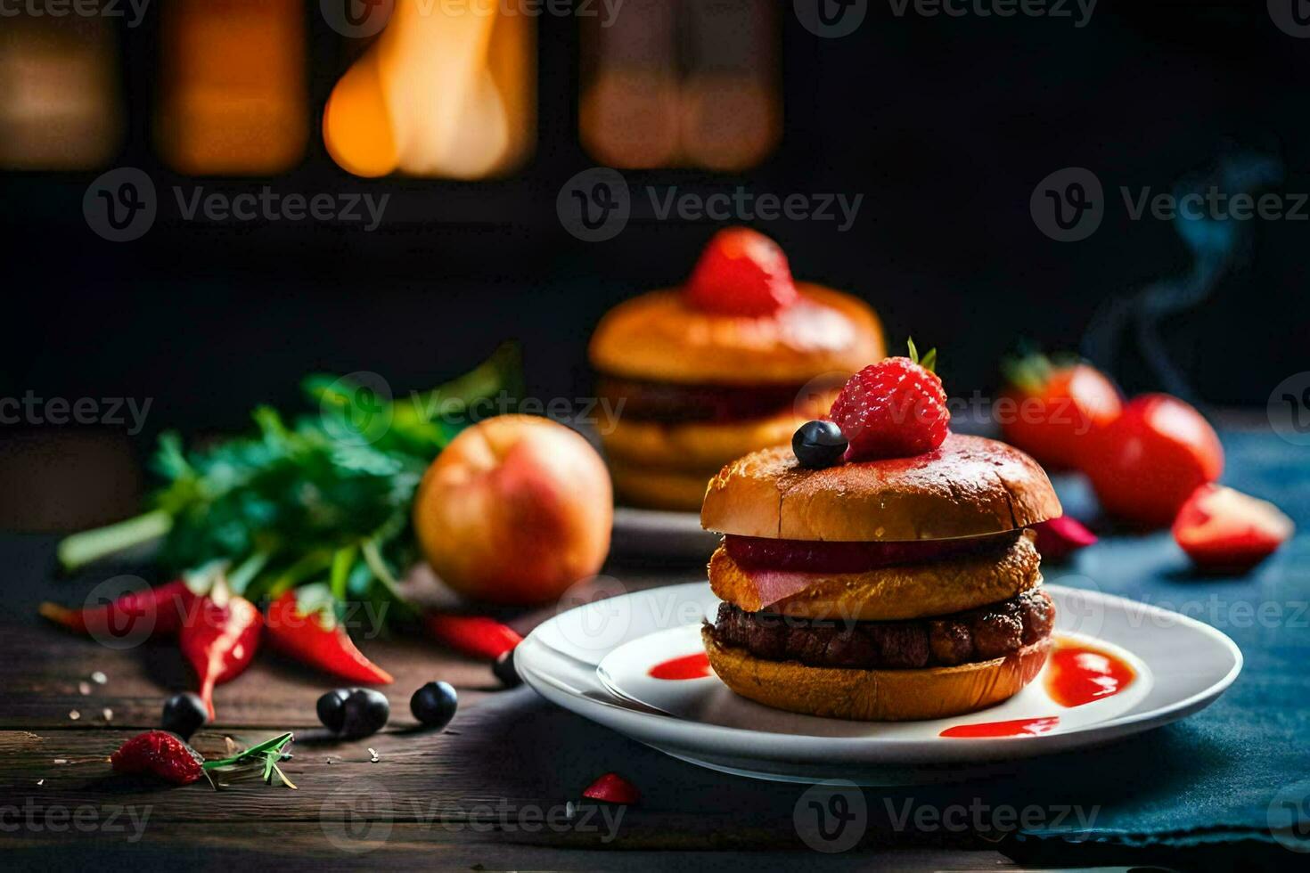 een Hamburger met aardbeien en kaas Aan een bord. ai-gegenereerd foto