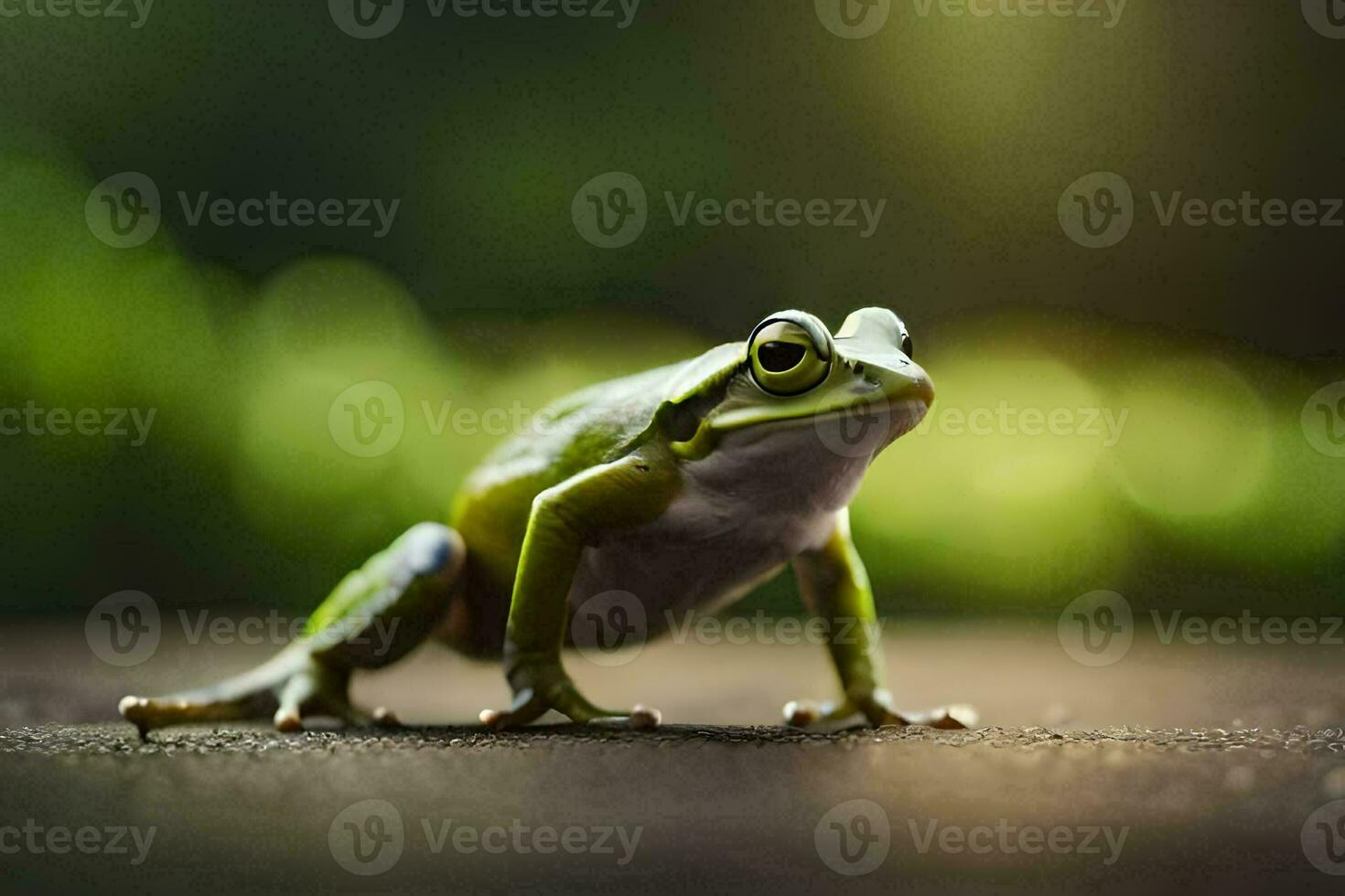 een kikker is staand Aan de grond met een groen achtergrond. ai-gegenereerd foto