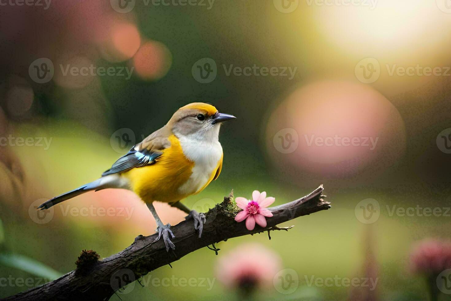 een klein vogel is neergestreken Aan een Afdeling met roze bloemen. ai-gegenereerd foto