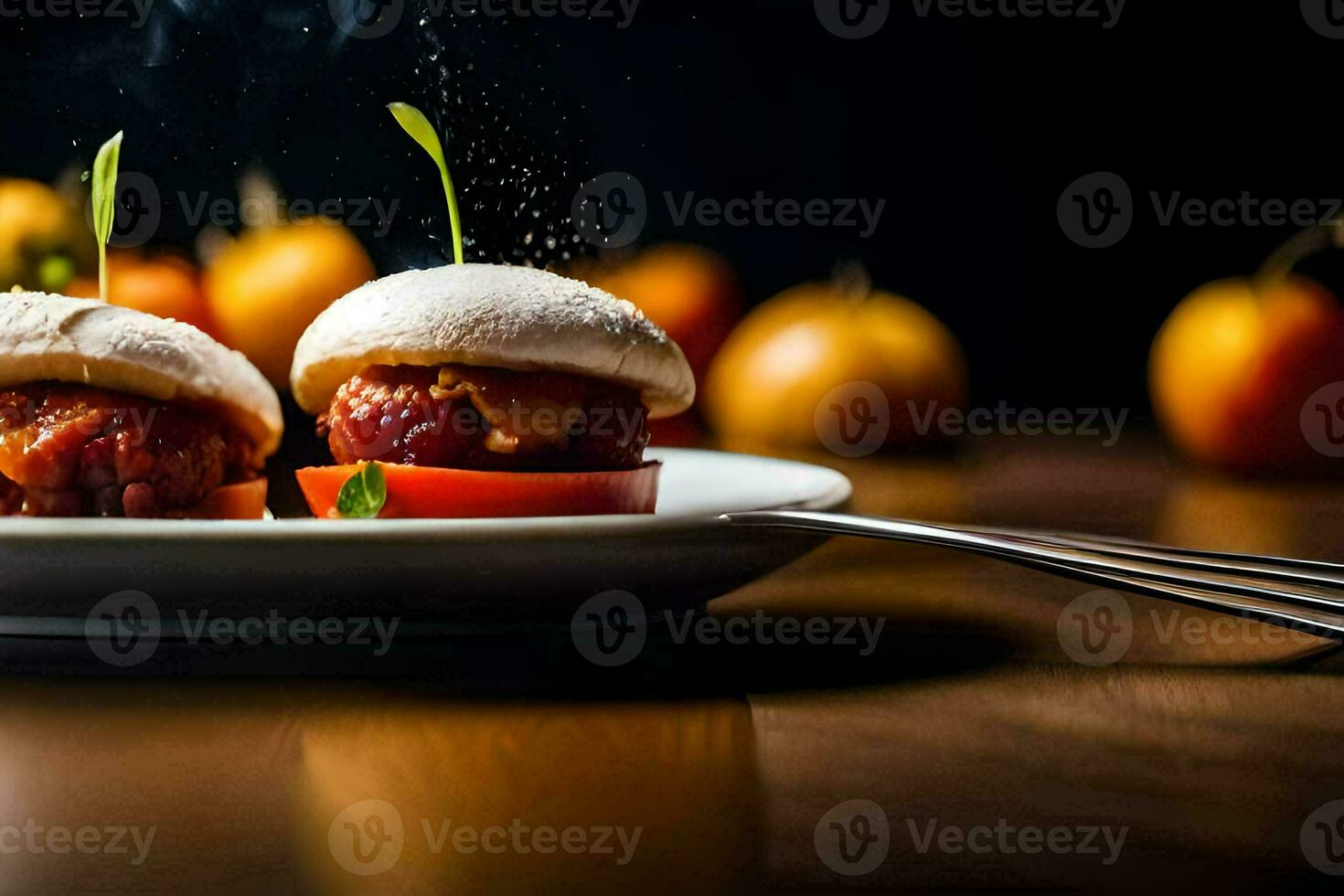 twee klein gehaktballen Aan een bord met specerijen. ai-gegenereerd foto