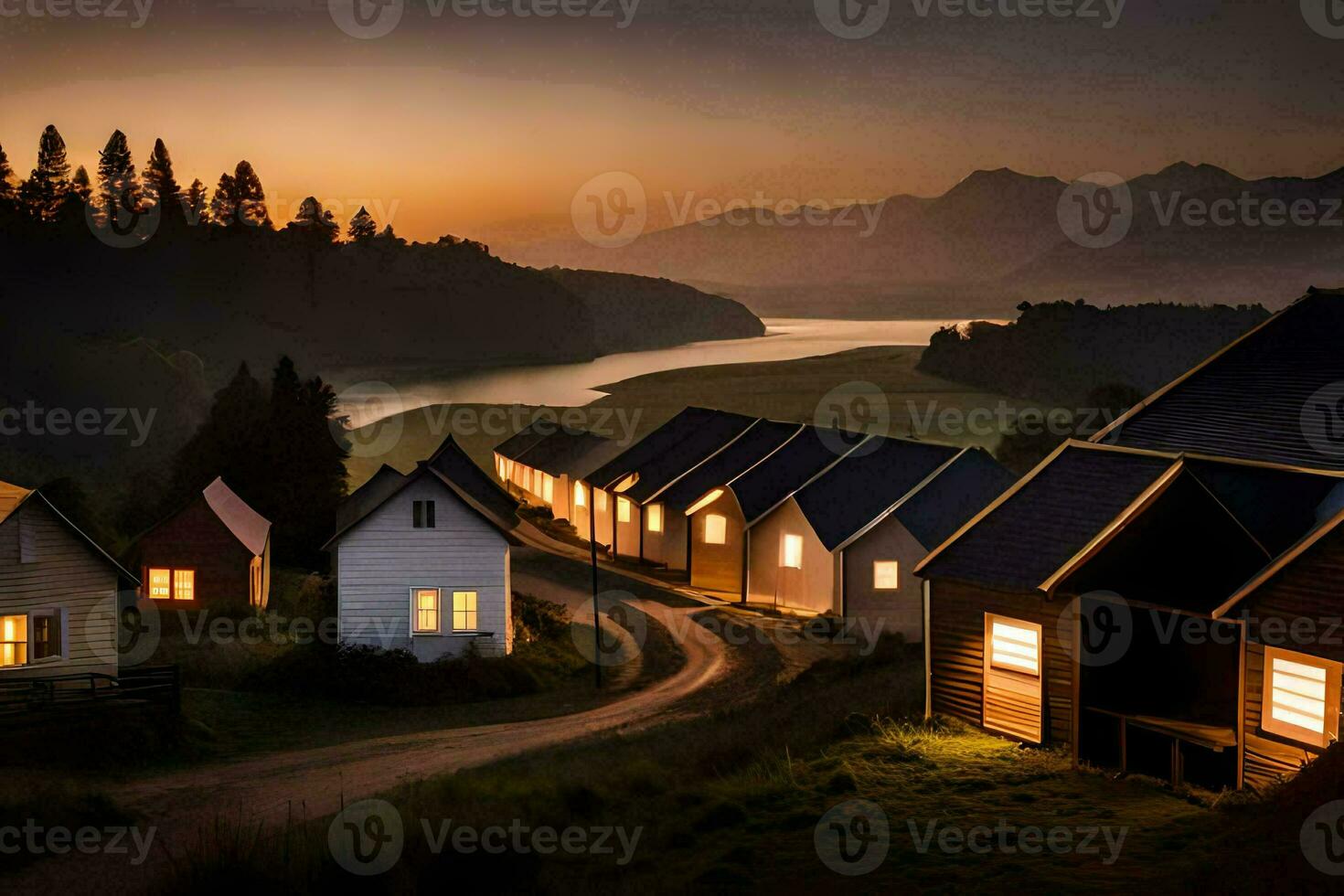 een dorp Bij schemer met huizen lit omhoog. ai-gegenereerd foto
