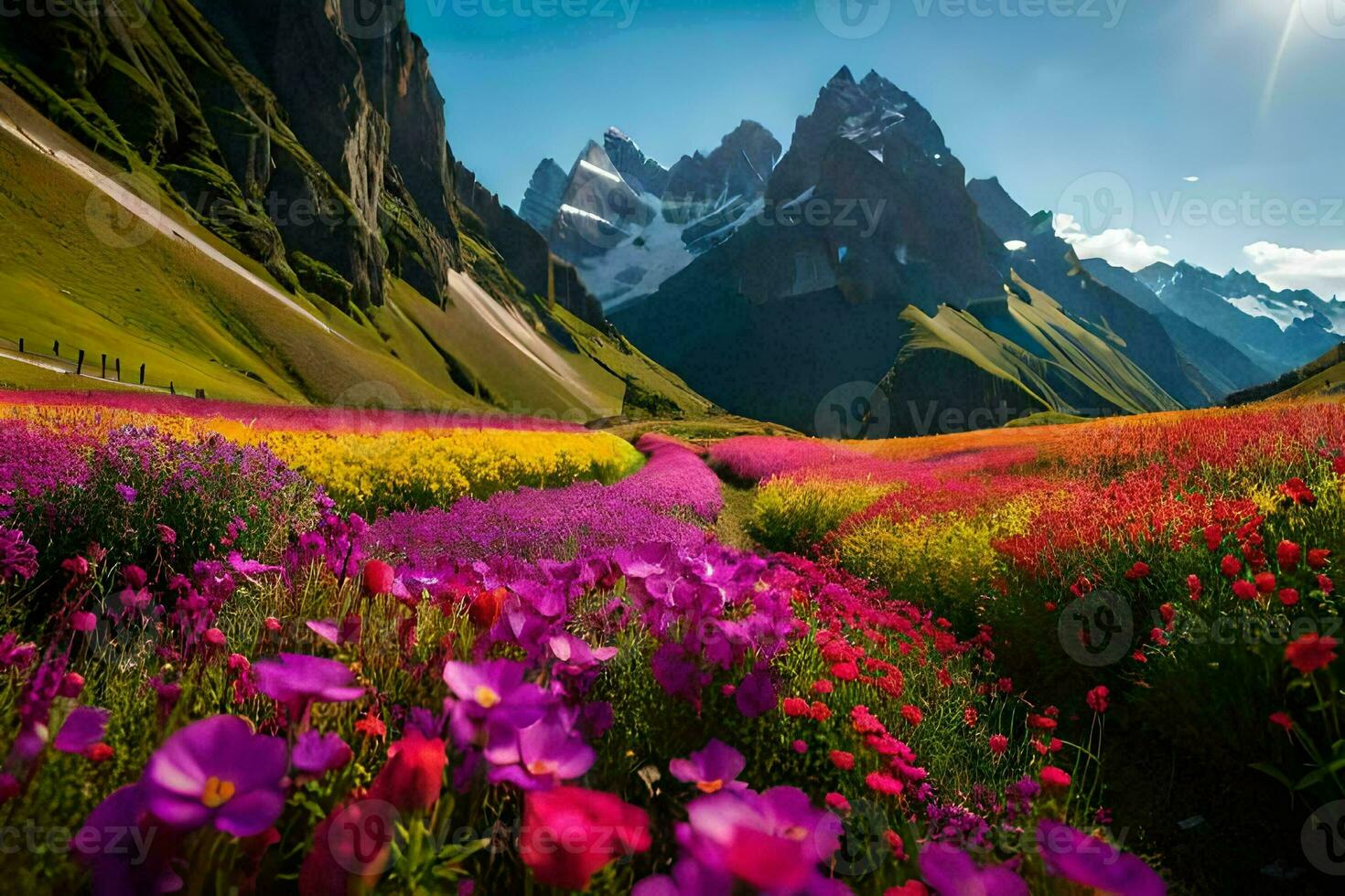 een mooi veld- van bloemen en bergen. ai-gegenereerd foto
