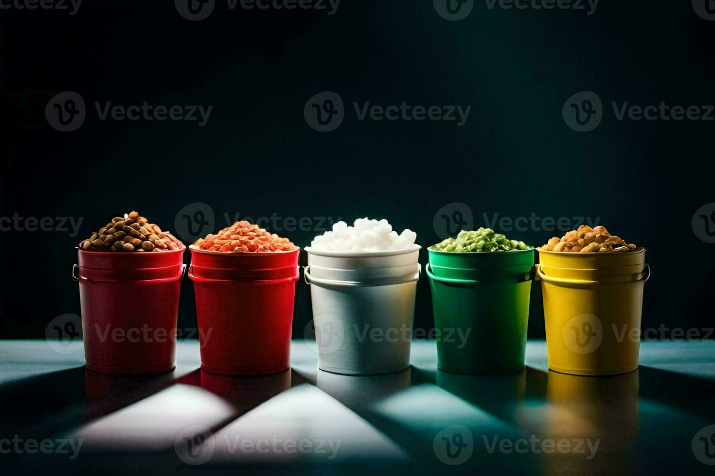 een rij van kleurrijk plastic containers met verschillend types van voedsel. ai-gegenereerd foto