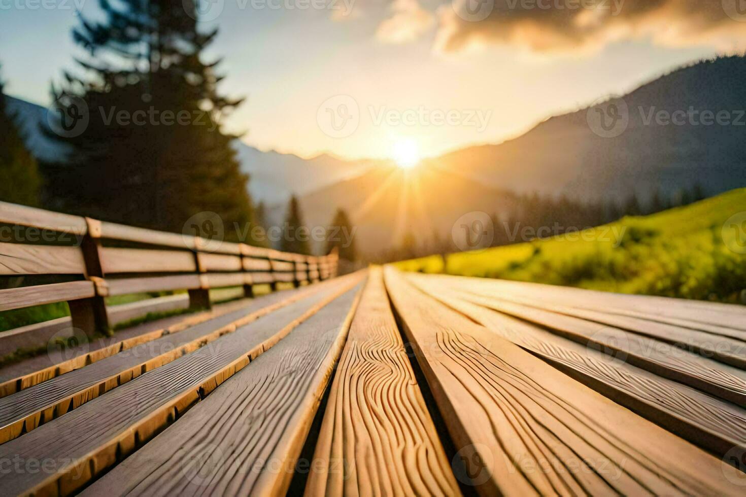 een houten loopbrug in de bergen met de zon instelling. ai-gegenereerd foto