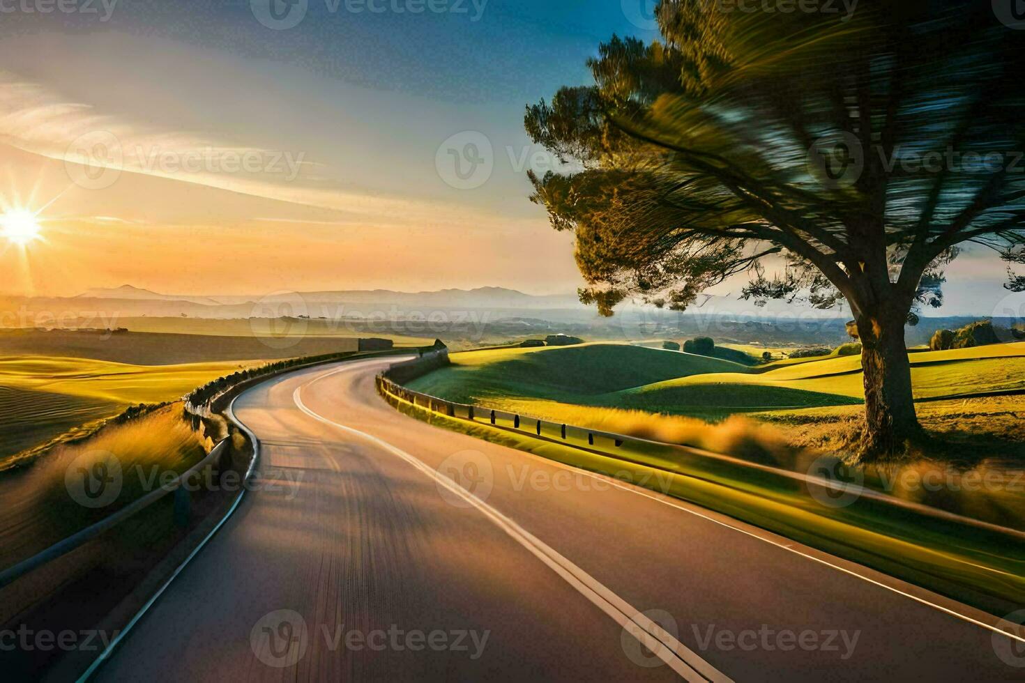 een weg in de platteland met een boom in de voorgrond. ai-gegenereerd foto