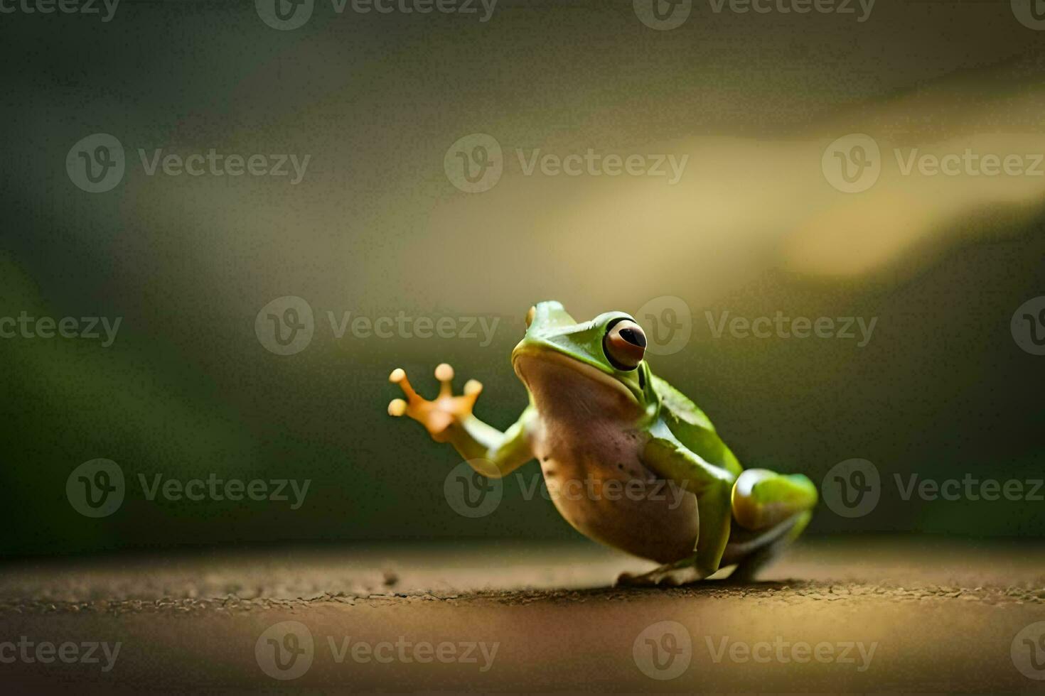 een kikker is staand Aan haar achter poten en zwaaien. ai-gegenereerd foto