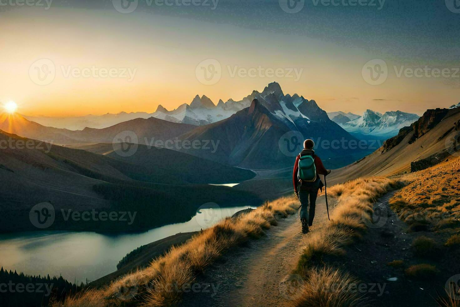een Mens wandelen Aan een spoor in de bergen. ai-gegenereerd foto