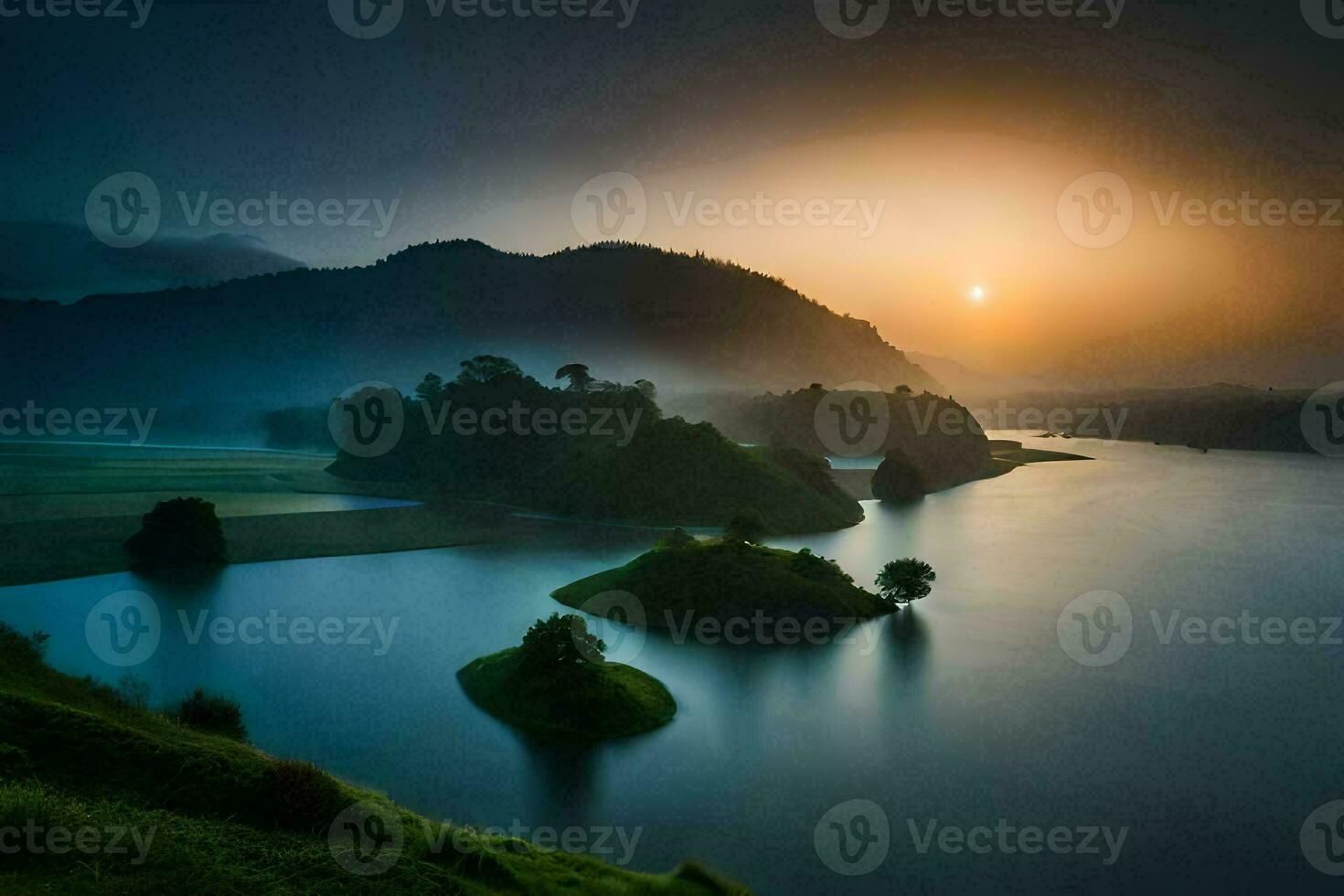 de zon stijgt over- een meer en bergen. ai-gegenereerd foto