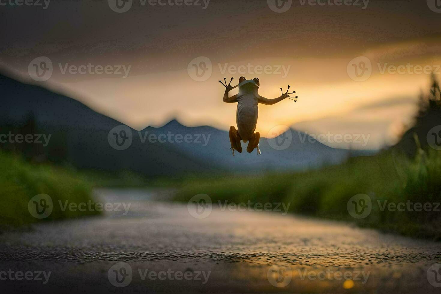 een kikker jumping in de lucht Bij zonsondergang. ai-gegenereerd foto