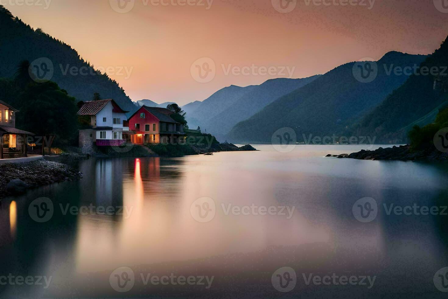 foto behang de lucht, bergen, water, huizen, de zee, Noorwegen, de f. ai-gegenereerd
