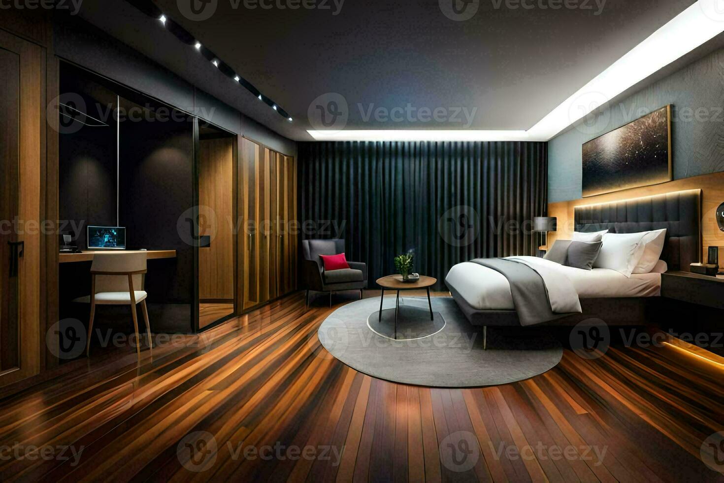 een modern slaapkamer met hout vloeren en een bed. ai-gegenereerd foto