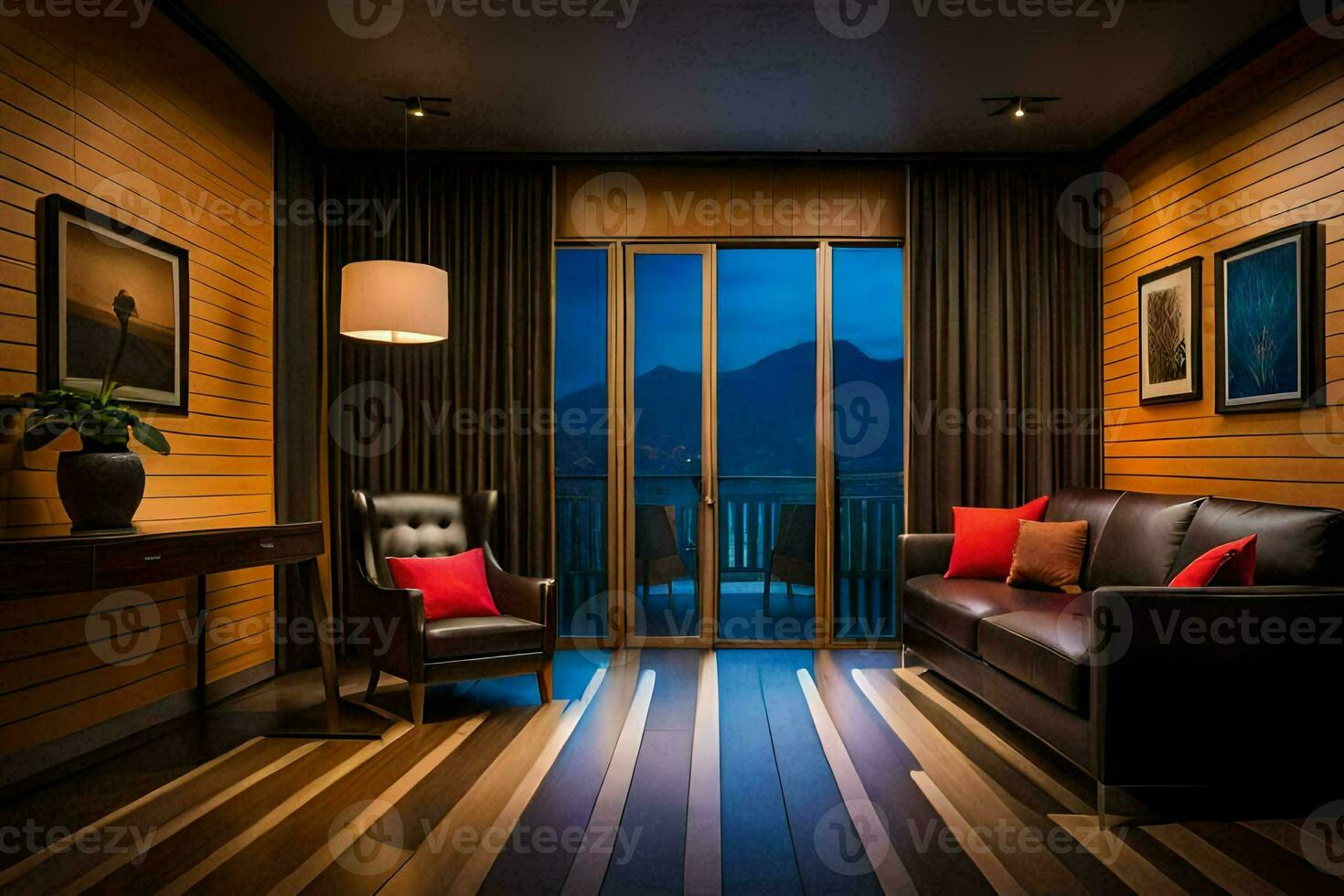 een leven kamer met een bankstel en een venster met uitzicht de bergen. ai-gegenereerd foto